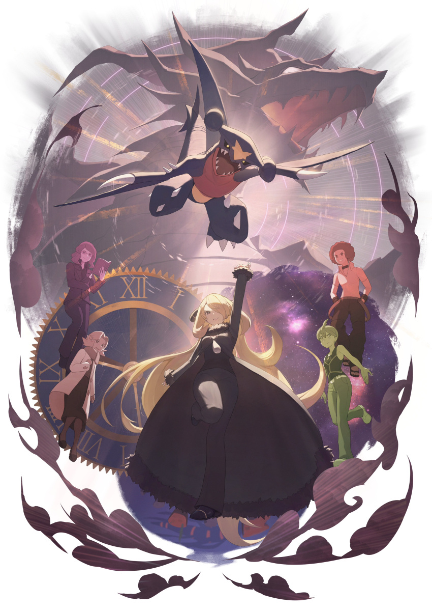 2girls, 3boys, aaron_(pokemon), absurdres, afro, arm_up, bertha_(pokemon), black_choker
