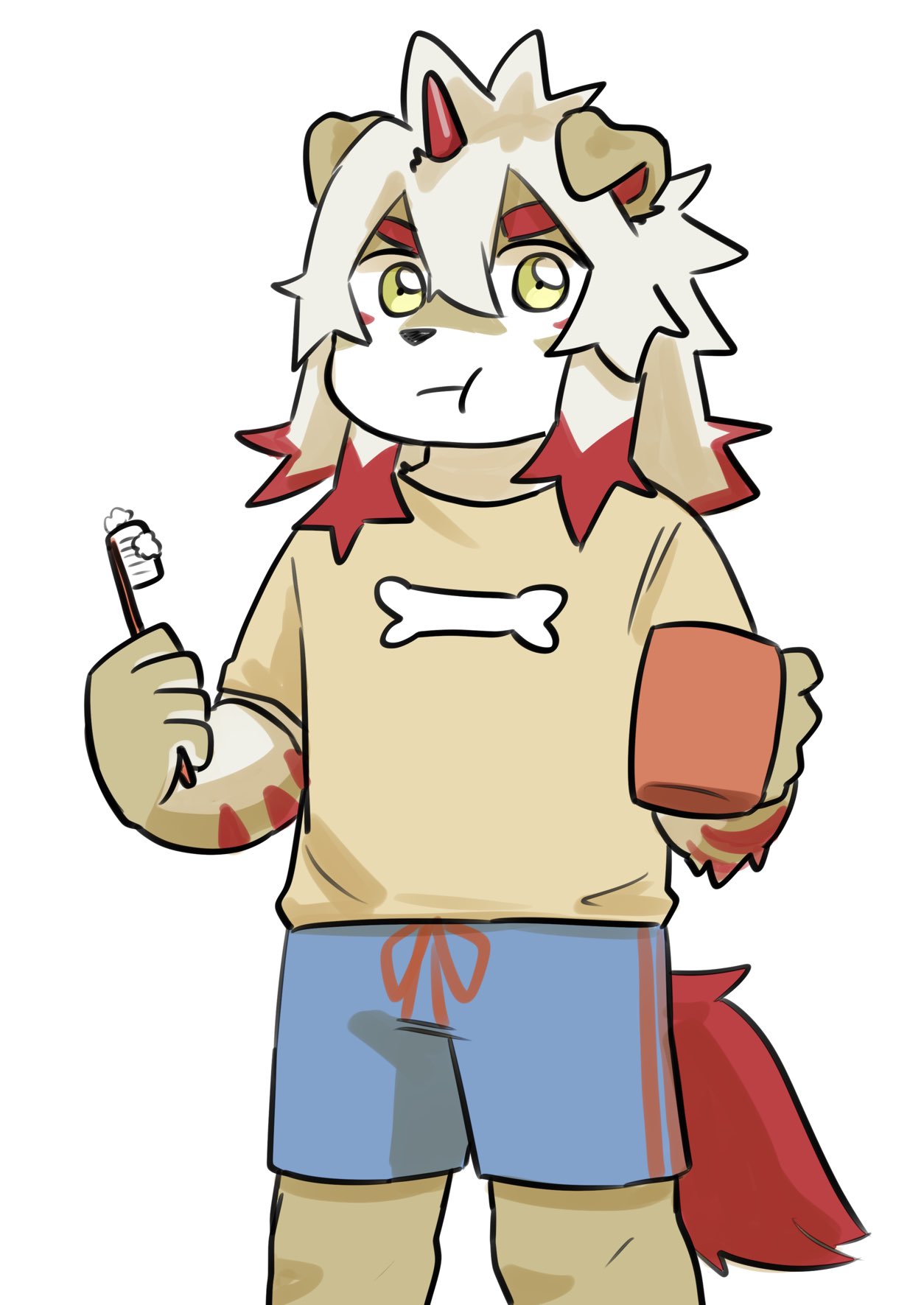 1boy, arknights, blue_shorts, colored_tips, cup, furry, furry_male, highres