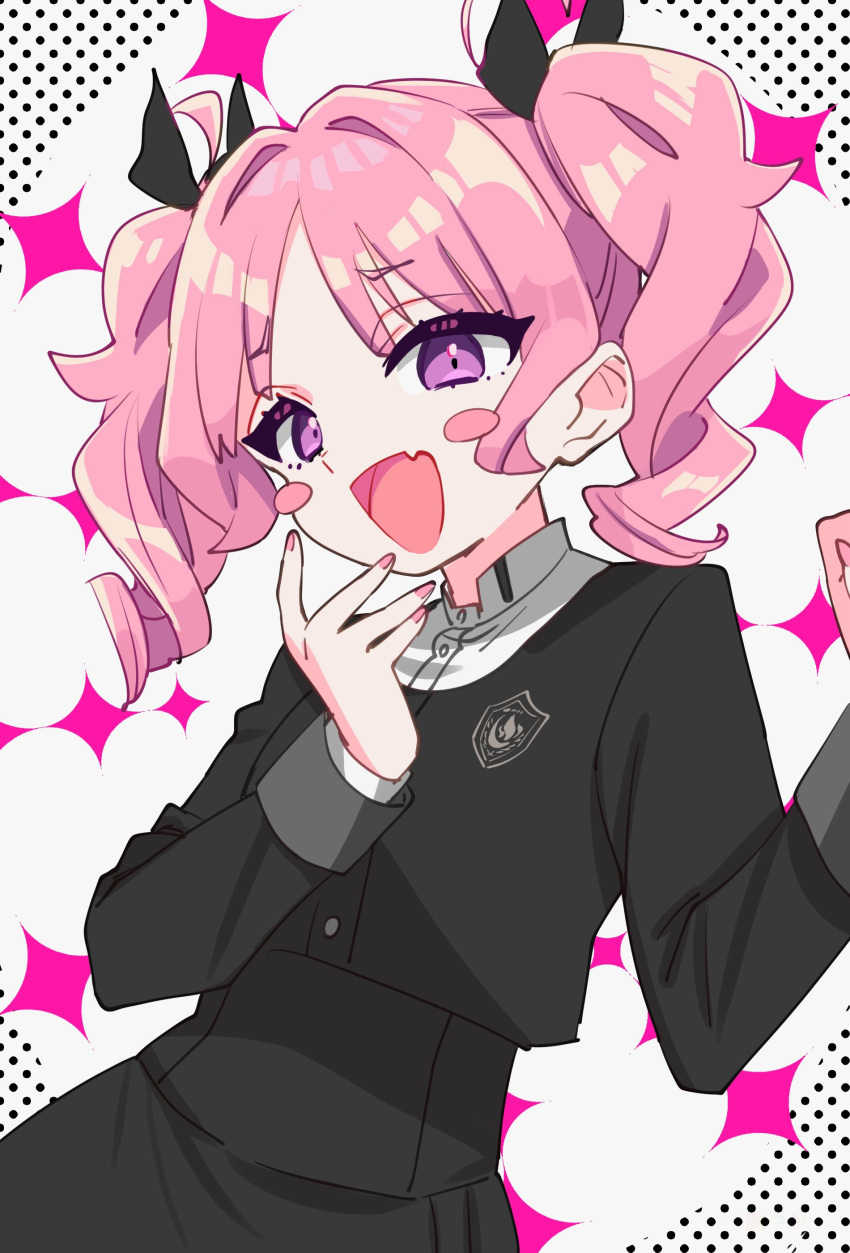 1girl, absurdres, aoi_nadeshiko, black_jacket, black_skirt, blush_stickers, commentary_request, fang, fingernails, gakuen_idolmaster, high-waist_skirt, highres, idolmaster, jacket, long_hair, long_sleeves, looking_at_viewer, nail_polish, pink_eyes, pink_hair, skin_fang, skirt, smile, solo, sparkle_background, sukoyaka_(100hituzi), twintails