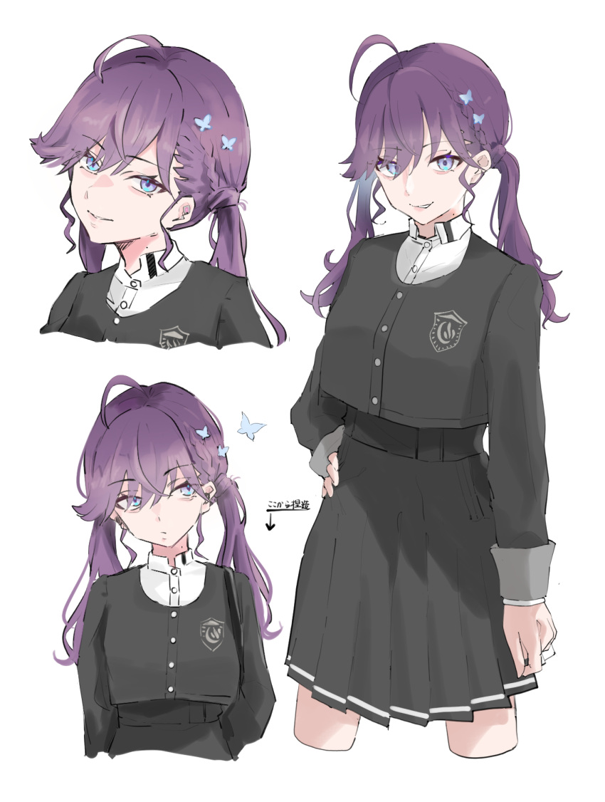 1girl, ahoge, bags_under_eyes, black_jacket, black_skirt, butterfly_hair_ornament, commentary_request, cropped_legs, gakuen_idolmaster, hair_ornament, hand_on_own_hip, high-waist_skirt, highres, idolmaster, jacket, kaya_rinha, long_sleeves, looking_at_viewer, multiple_views, purple_hair, simple_background, skirt, tor1goe, twintails, white_background