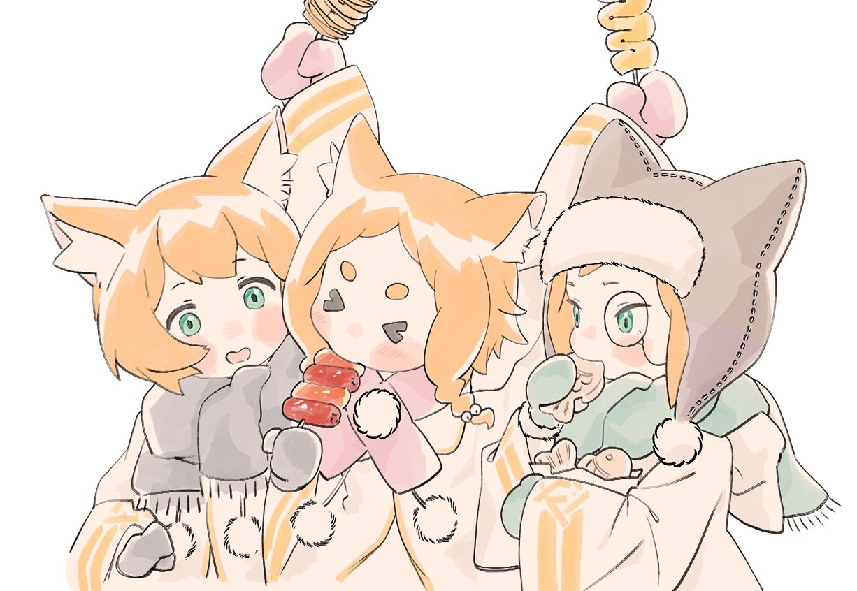 >_<, 1girl, 2boys, animal_ear_fluff, animal_ear_headwear, animal_ears, aqua_mittens, aqua_scarf