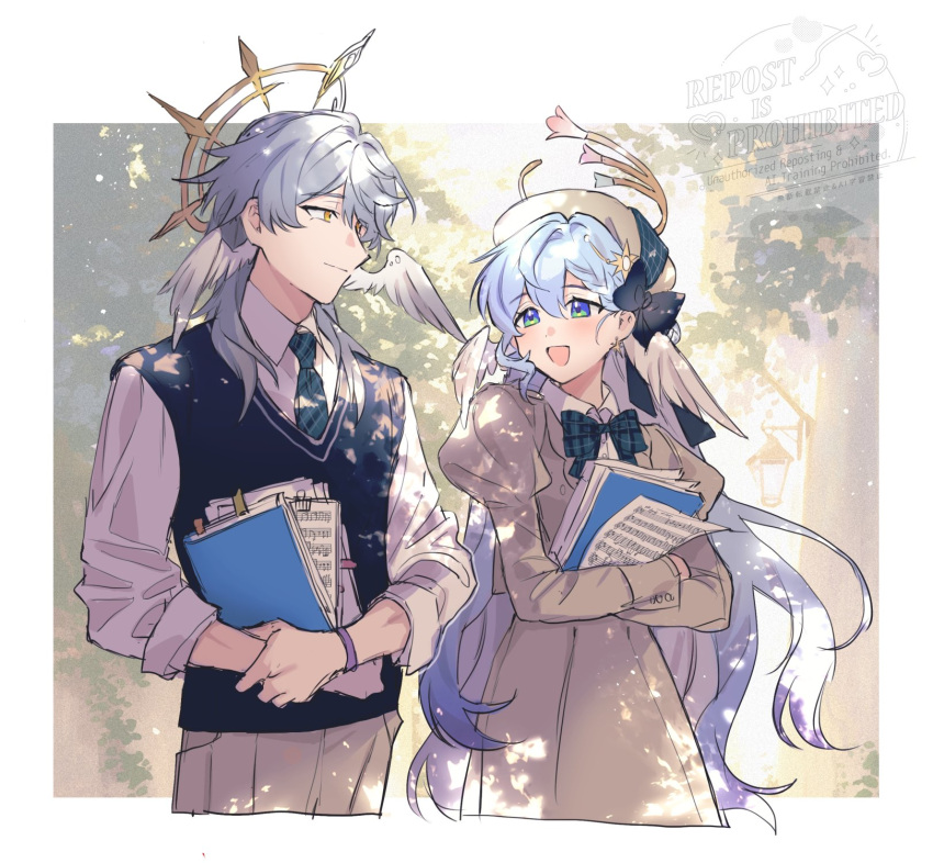 1boy, 1girl, :d, beret, blue_cardigan, blue_hair, book, bow