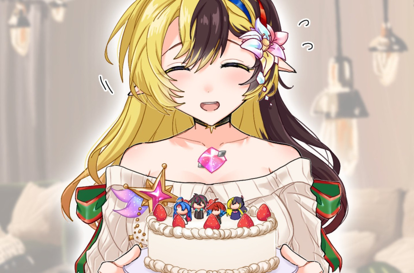 1girl, alta_(shironeko_project), black_hair, blonde_hair, cake, cake_decoration, chest_jewel, closed_eyes