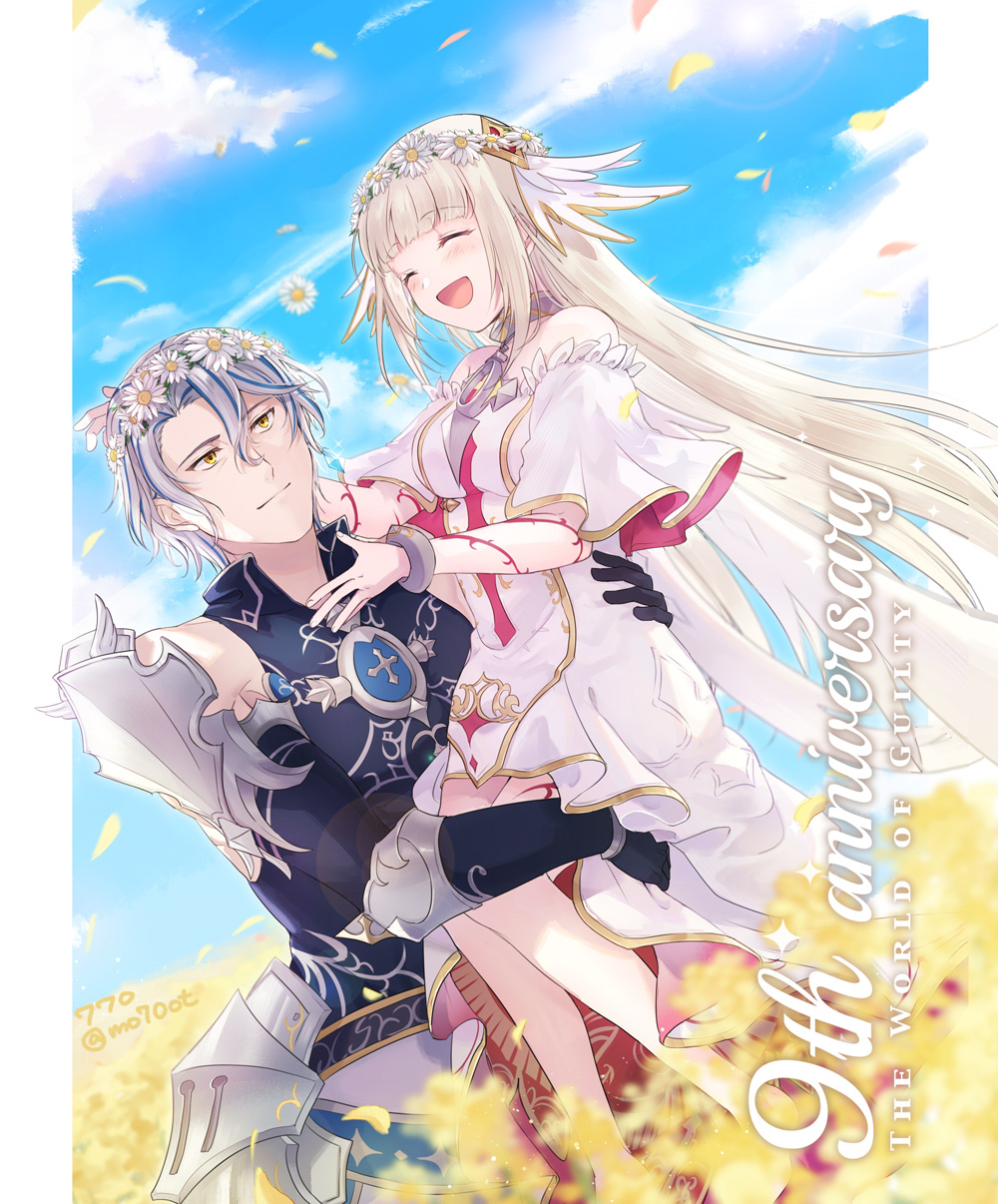 1boy, 1girl, 770_(mo70ot), ashley_dina, bare_shoulders, blue_hair, carrying, carrying_person
