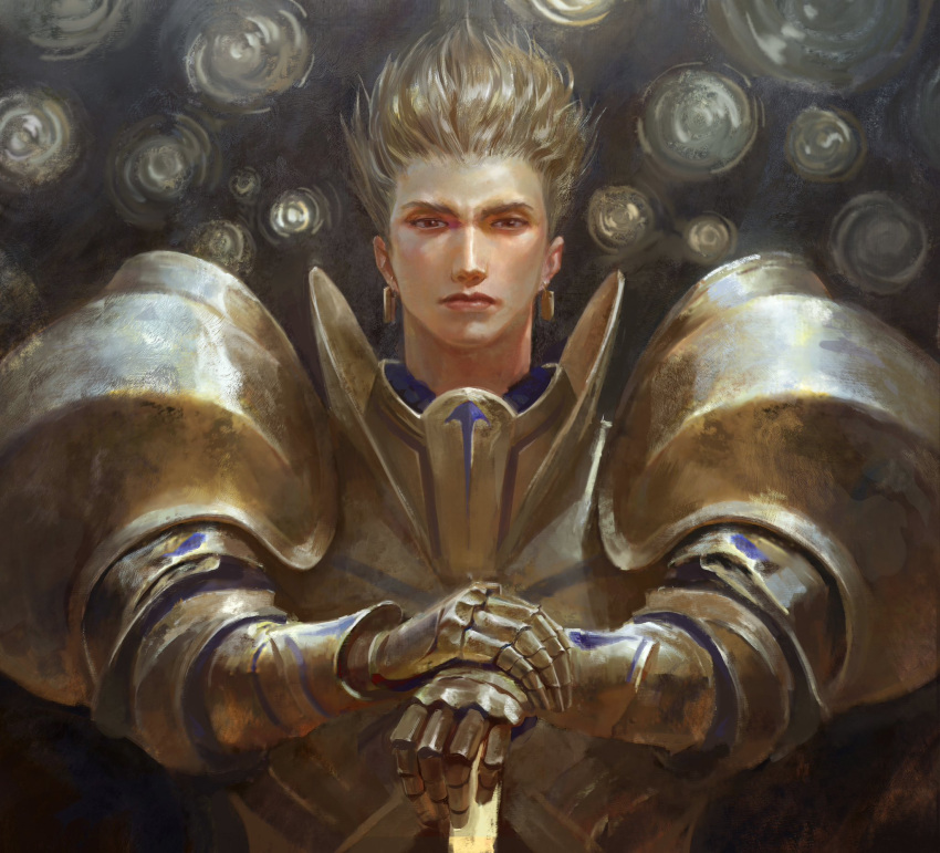 1boy, armor, arms_up, blonde_hair, breastplate, brown_eyes, closed_mouth, commentary