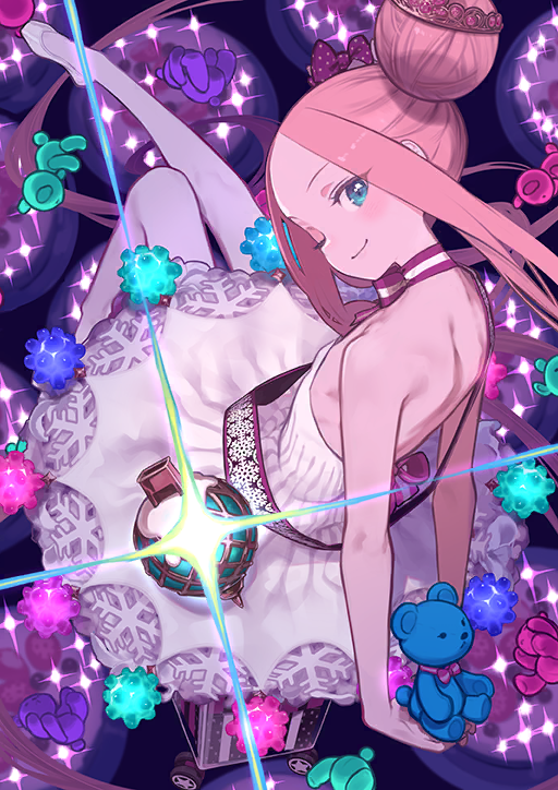 1girl, ;), abigail_williams_(fate), abigail_williams_(santa)_(fate), backless_dress, backless_outfit, bare_shoulders, blonde_hair, blue_eyes, bow, bow_choker, choker, double_bun, dress, fate/grand_order, fate_(series), flat_chest, forehead, hair_bow, hair_bun, holding, holding_stuffed_toy, kuroboshi_kouhaku, light_blush, light_smile, long_bangs, long_hair, looking_at_viewer, official_alternate_costume, official_alternate_hairstyle, official_art, one_eye_closed, pantyhose, parted_bangs, sidelocks, single_side_bun, smile, solo, sparkle, strapless, strapless_dress, stuffed_animal, stuffed_toy, teddy_bear, tiara, white_dress, white_pantyhose
