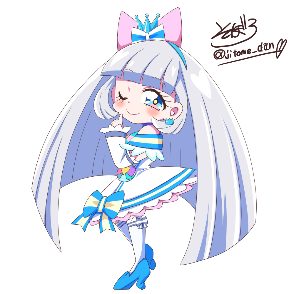 1girl, aqua_bow, arm_warmers, artist_name, bare_shoulders, blue_bow, blue_choker, blue_crown