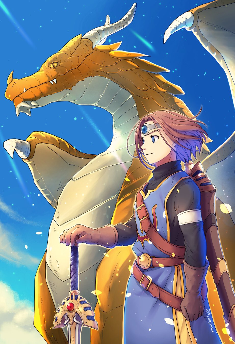 1boy, 1other, armlet, blue_eyes, blue_gemstone, blue_sky, blue_tabard, brown_gloves