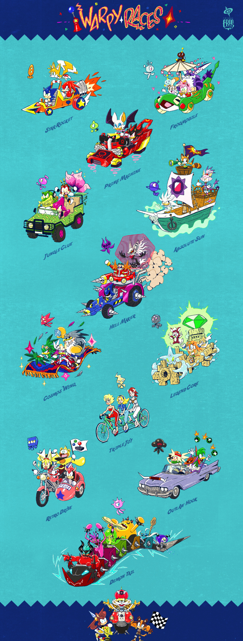 6+boys, 6+girls, absurdres, amy_rose, animal_ears, bark_the_polar_bear, bat_ears, bat_wings, bean_the_dynamite, bicycle, big_the_cat, blaze_the_cat, blonde_hair, blue_background, bomb, bracelet, cat_ears, chaos_(sonic), charmy_bee, cheese_(sonic), chip_(sonic), colored_skin, cream_the_rabbit, dr._eggman, e-123_omega, espio_the_chameleon, explosive, facial_hair, fang_the_sniper, food, furry, furry_female, furry_male, goggles, goggles_on_head, highres, holding, holding_food, holding_sandwich, honey_the_cat, horns, infinite_(sonic), jet_the_hawk, jewelry, knuckles_the_echidna, madonna_garnet, magic_carpet, maria_robotnik, marine_the_raccoon, master_emerald, metal_sonic, mighty_the_armadillo, monster, motor_vehicle, motorcycle, multiple_boys, multiple_girls, mustache, on_motorcycle, princess_elise_the_third, raccoon_tail, race_flag, ravenous_sailback, ray_the_flying_squirrel, red_skin, redhead, riding, riding_bicycle, rouge_the_bat, sandwich, shadow_the_hedgehog, silver_the_hedgehog, sonic_(series), sonic_boom_(series), sonic_forces, sonic_lost_world, sonic_rush_adventure, sonic_the_fighters, sonic_the_hedgehog, sonic_the_hedgehog_(2006), sonic_the_hedgehog_(classic), sonic_unleashed, sonic_x-treme, sparkle, spiked_bracelet, spikes, spiral_cris, star_(symbol), sticks_the_badger, storm_the_albatross, tail, tails_(sonic), tandem_bicycle, team_sonic_racing, tiara_boobowski, tikal_the_echidna, umbrella, vector_the_crocodile, wacky_races, wave_the_swallow, wings, wisp_(sonic), yacker_the_wisp, zavok, zazz, zeena, zik, zomom, zor_(sonic)