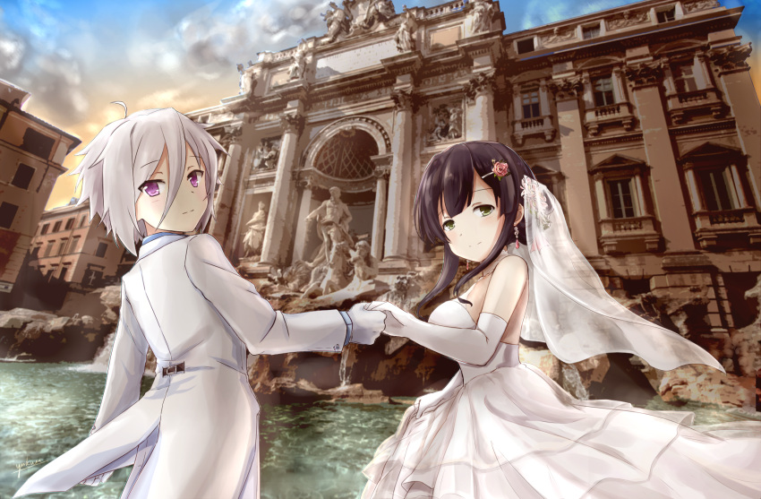 2girls, blush, breasts, bridal_veil, brown_hair, building, closed_mouth, commentary_request, dress, earrings, elbow_gloves, gloves, green_eyes, grey_hair, hair_between_eyes, hair_bun, hair_ornament, highres, holding_hands, itomi_sayaka, jacket, jewelry, large_breasts, layered_dress, long_sleeves, looking_at_viewer, multiple_girls, short_hair, smile, standing, suit, toji_no_miko, veil, violet_eyes, wedding_dress, white_dress, white_gloves, white_jacket, yanase_mai, yukuri, yuri
