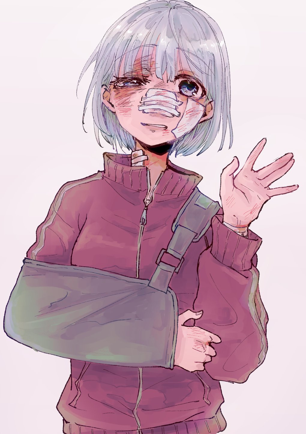 1girl, arm_sling, bandaged_wrist, bandages, blue_eyes, bruise, copyright_request, gauze