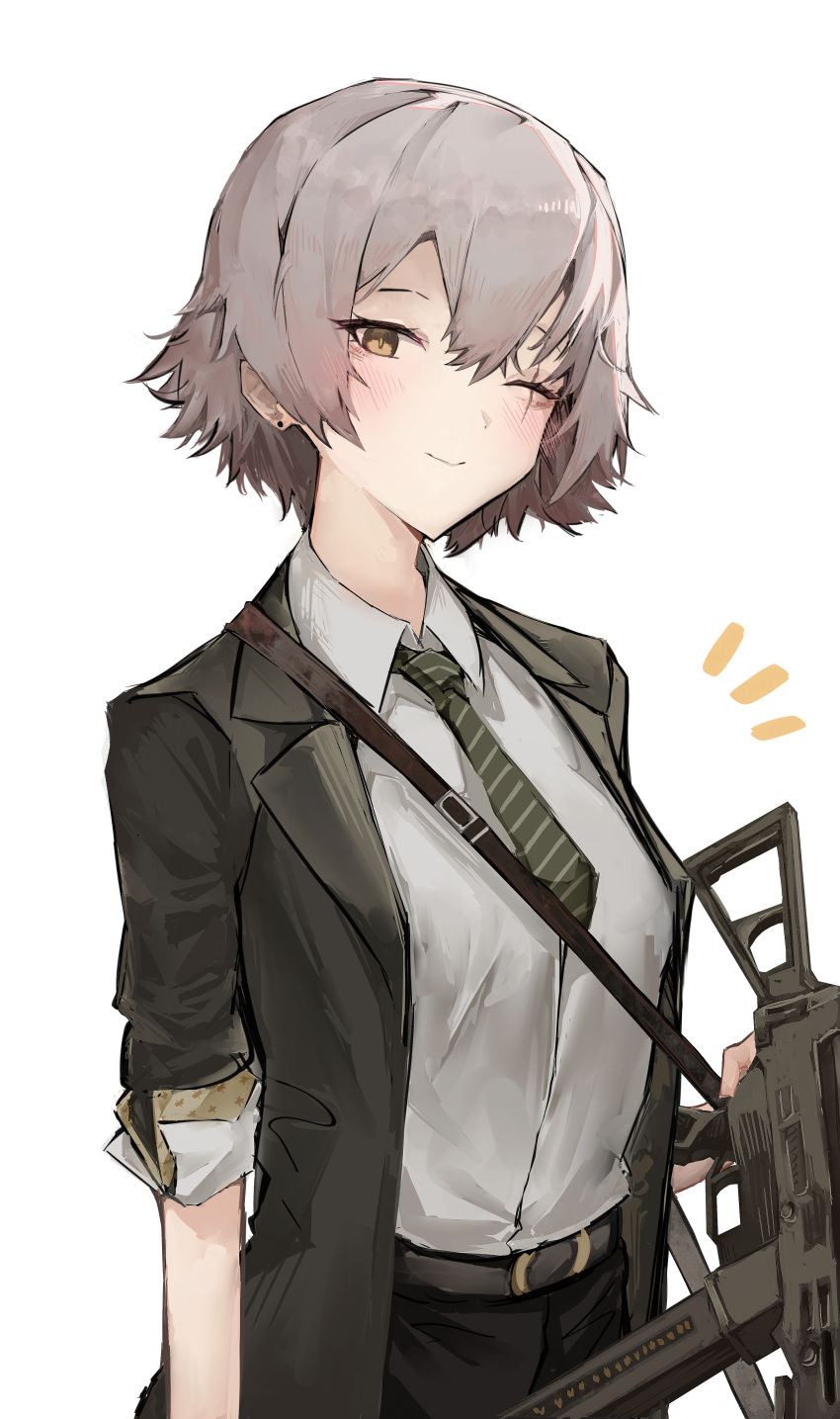 1girl, absurdres, alternate_costume, alternate_hair_length, alternate_hairstyle, belt, black_jacket, blush, closed_mouth, collared_shirt, girls'_frontline_2:_exilium, girls_frontline, green_necktie, grey_hair, gun, h&amp;k_ump, hair_between_eyes, hato_(hatotoou), highres, holding, holding_gun, holding_weapon, jacket, looking_at_viewer, necktie, one_eye_closed, open_clothes, open_jacket, scar, scar_across_eye, shirt, short_hair, simple_background, smile, solo, striped_necktie, submachine_gun, ump45_(girls'_frontline), weapon, white_background, white_shirt, yellow_eyes