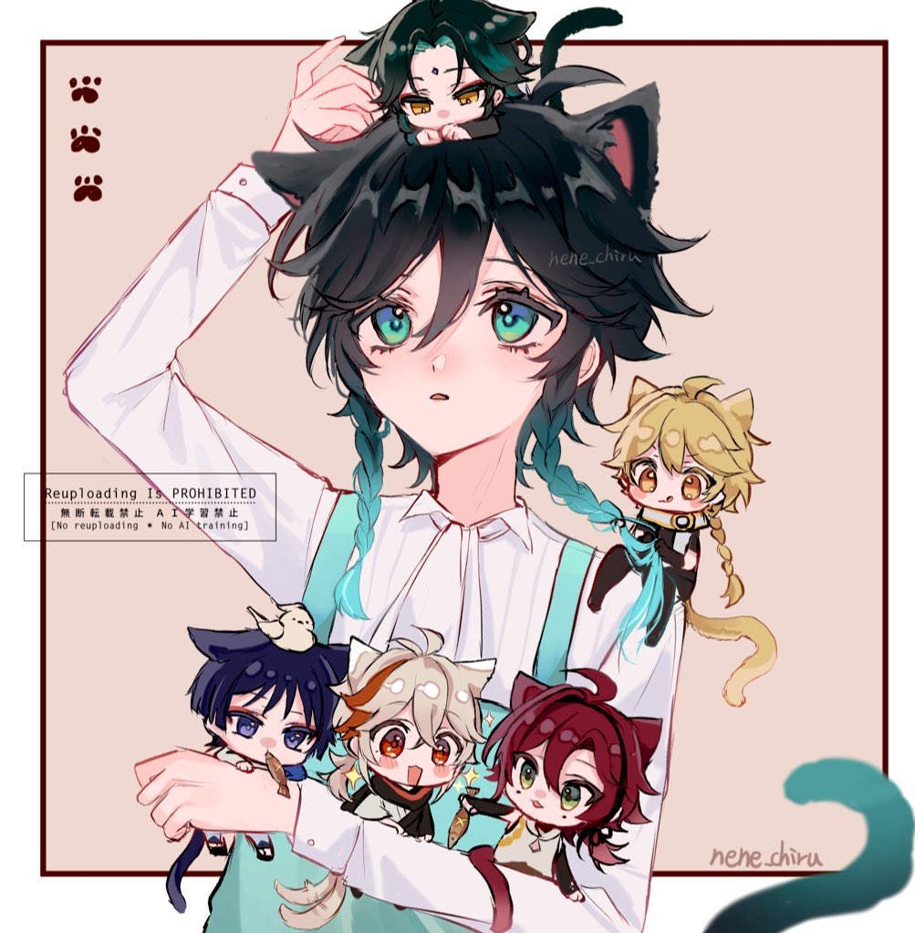 6+boys, :3, :d, :o, :q, aether_(genshin_impact), ahoge, animal_ears
