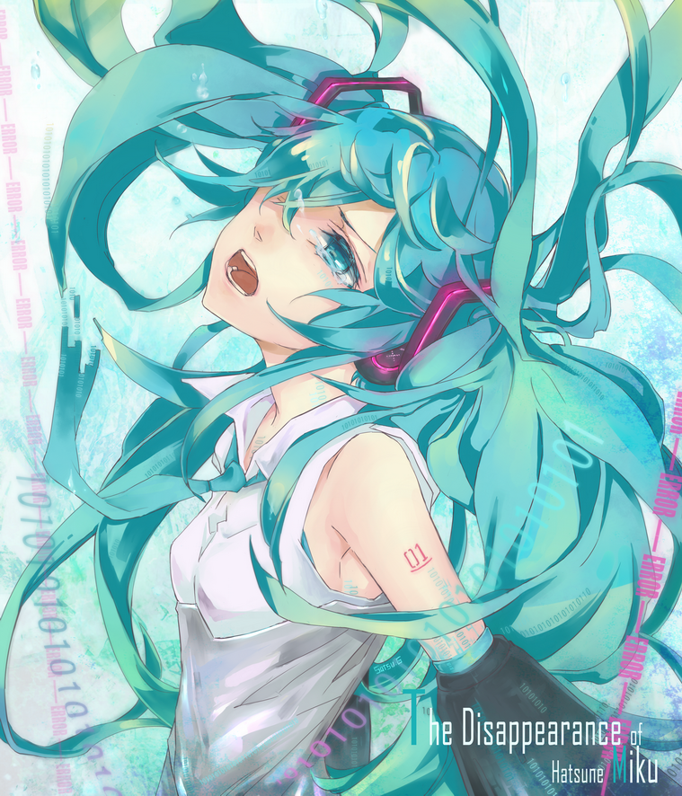 aqua_eyes, aqua_hair, binary, detached_sleeves, hair_over_one_eye, hatsune_miku, hatsune_miku_no_shoushitsu_(vocaloid), long_hair