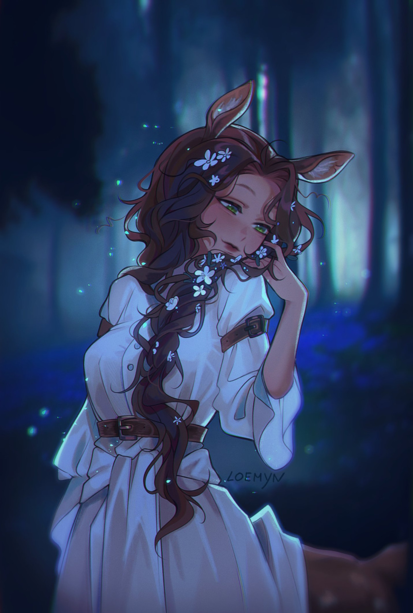 1girl, adjusting_hair, animal_ears, arm_belt, artist_name, belt, blurry, blurry_background
