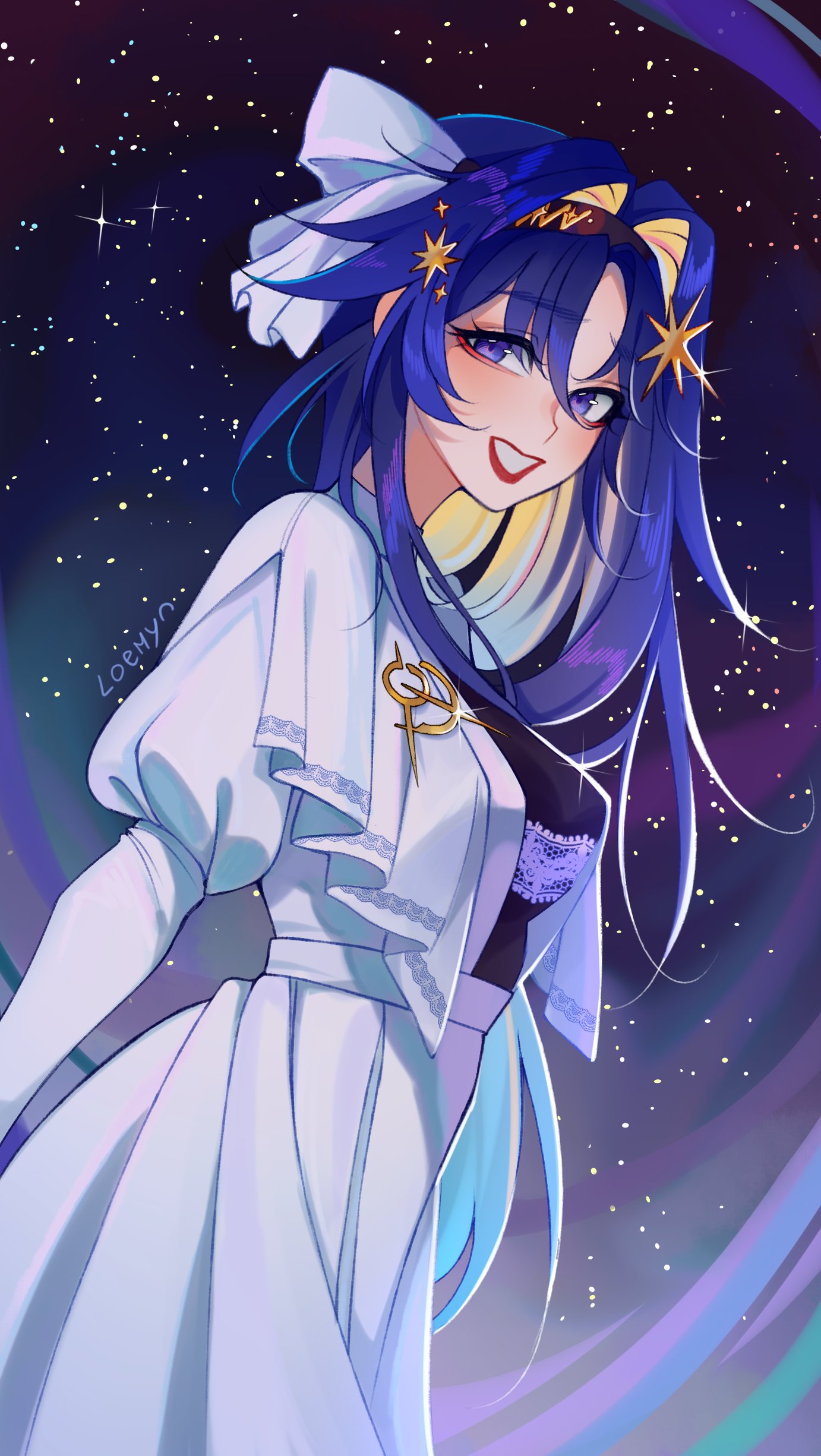 1girl, absurdres, artist_name, black_hairband, blue_eyes, blue_hair, colored_inner_hair, dress
