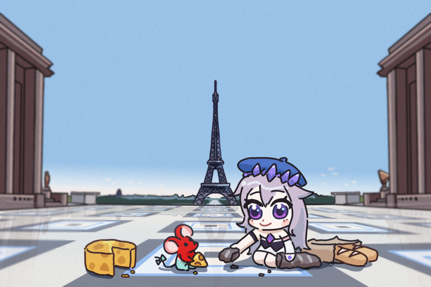 1girl, bag, baguette, beret, bing_huyue, bow, bowtie, brat_(hakos_baelz), bread, bridal_gauntlets, cheese, chest_jewel, chibi, circlet, dress, eiffel_tower, food, france, gem, gem_hair_ornament, hand_jewel, hat, highres, hololive, hololive_english, kneeling, koseki_bijou, koseki_bijou_(1st_costume), long_hair, mouse_(animal), mr._squeaks_(hakos_baelz), paper_bag, paris, purple_gemstone, purple_hair, statue, tower, violet_eyes, virtual_youtuber, white_bridal_gauntlets, white_dress