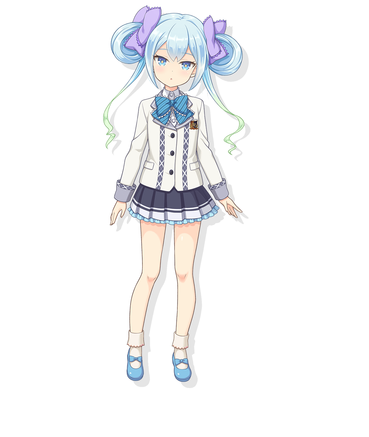 1girl, :o, black_skirt, blazer, blue_bow, blue_bowtie, blue_eyes, blue_footwear
