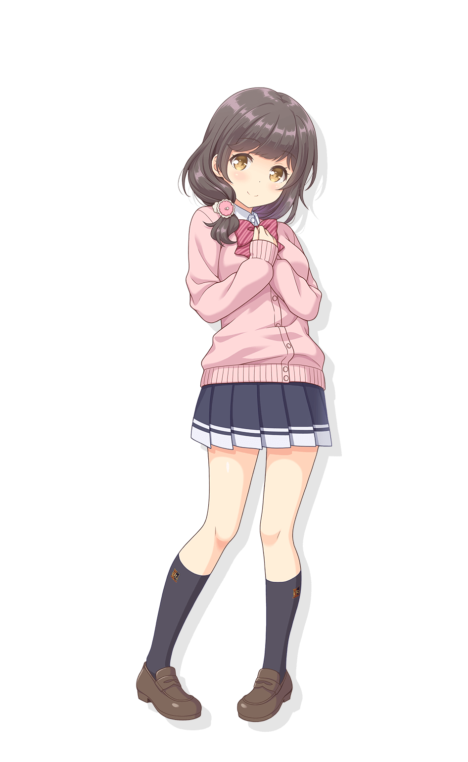 1girl, black_skirt, black_socks, blush, bow, bowtie, breasts, brown_eyes, brown_footwear, brown_hair, cardigan, closed_mouth, collared_shirt, diagonal-striped_bow, diagonal-striped_bowtie, diagonal-striped_clothes, dress_shirt, full_body, hair_over_shoulder, highres, large_breasts, loafers, long_hair, long_sleeves, looking_at_viewer, low_side_ponytail, miniskirt, official_art, ongeki, pink_cardigan, pleated_skirt, red_bow, red_bowtie, sakurai_haruna_(ongeki), school_uniform, shirt, shoes, short_ponytail, simple_background, skirt, smile, socks, solo, split_mouth, striped_clothes, tachi-e, transparent_background, white_shirt