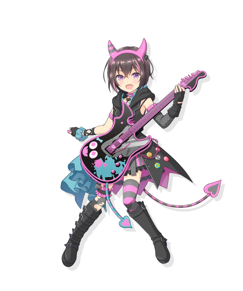 1girl, asymmetrical_legwear, black_footwear, black_gloves, black_hair, black_thighhighs, boots, demon_tail