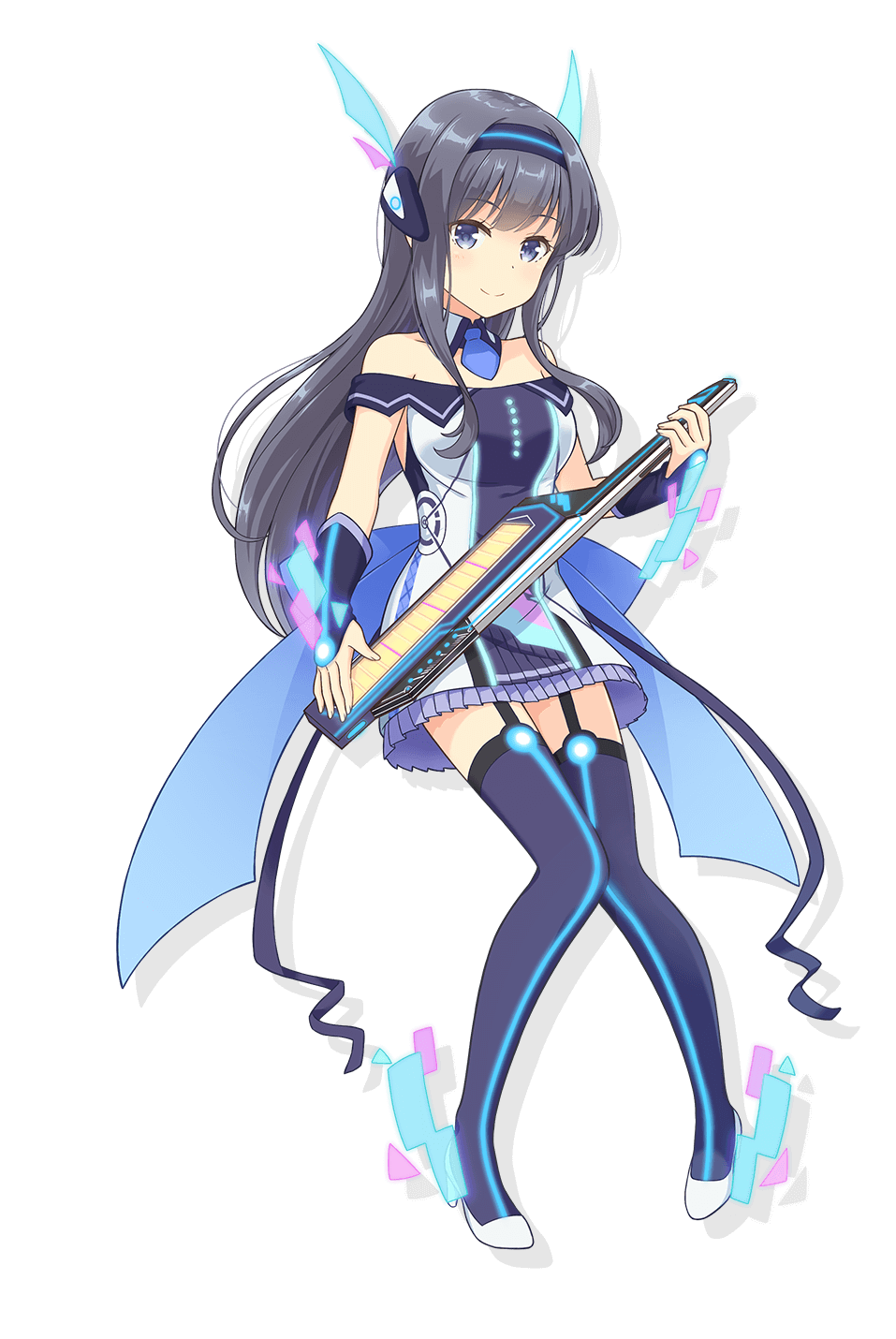 1girl, bare_shoulders, black_hair, blue_hairband, blue_necktie, blue_thighhighs, breasts, closed_mouth