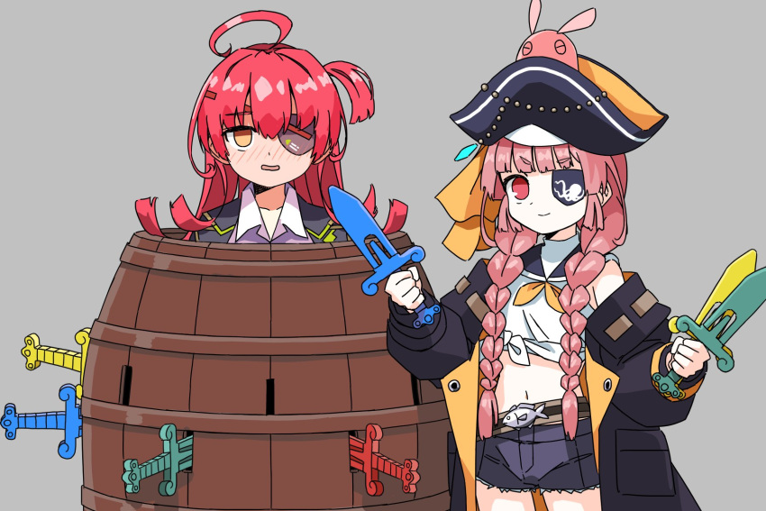 2girls, ahoge, asami_makiko_(heaven_burns_red), barrel, blunt_bangs, braid, denim, denim_shorts