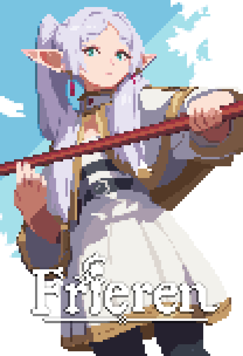 1girl, archapxl, black_pantyhose, capelet, character_name, closed_mouth, clouds, day, earrings, elf, frieren, green_eyes, grey_hair, highres, holding, jewelry, long_hair, long_sleeves, looking_at_viewer, outdoors, pantyhose, parted_bangs, pixel_art, pointy_ears, solo, sousou_no_frieren, twintails, white_capelet, white_hair