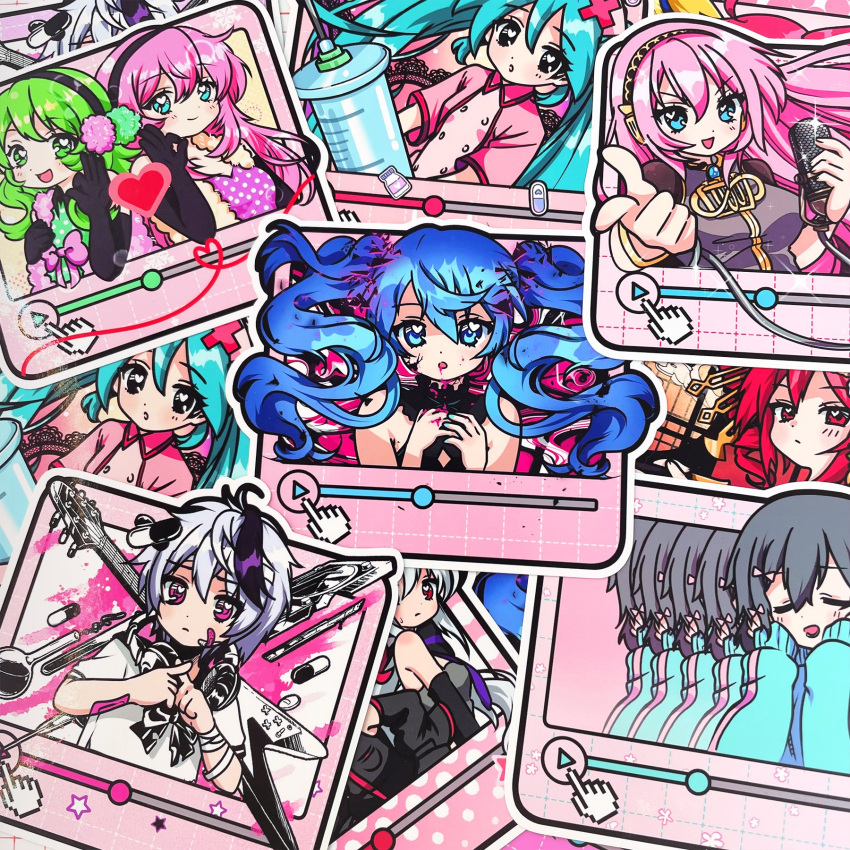 6+girls, akita_neru, babylonholic, bass_guitar, black_bow, black_dress, black_eyes, black_gloves