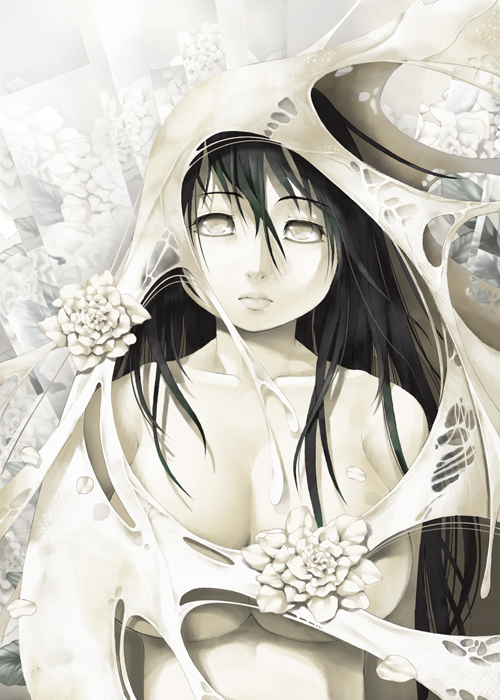 black_hair, breasts, censored, convenient_censoring, empty_eyes, flower, hair, large_breasts, lips, long, long_hair, monochrome, nude, original, solo, vanilla_(artist), vanilla_(v-palace), white_eyes