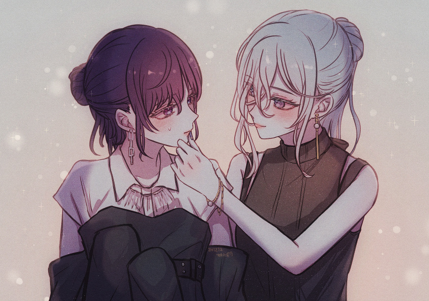 2girls, artist_name, asahina_mafuyu, black_shirt, black_sleeves, blue_hair, blush, chain