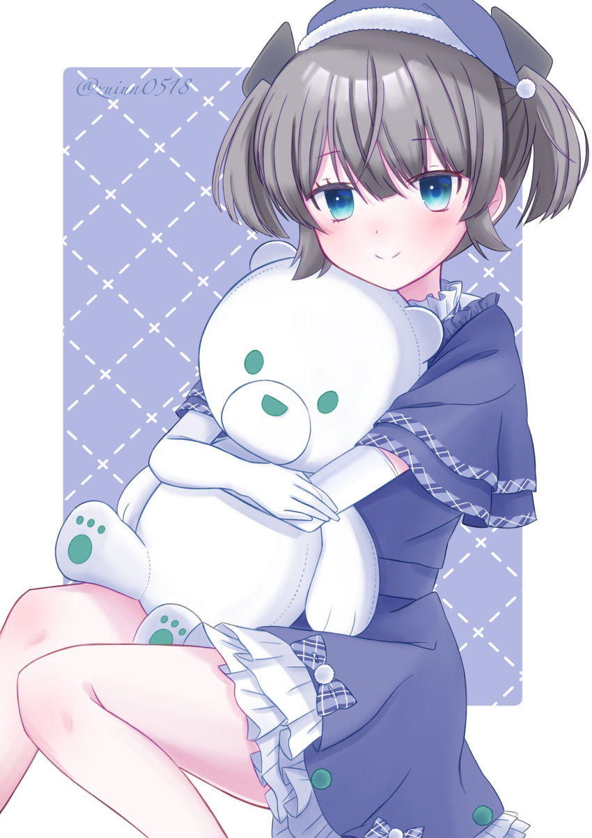 1girl, blue_background, blue_eyes, blue_santa_costume, chokorune_choutoku, dress, dress_ribbon, elbow_gloves