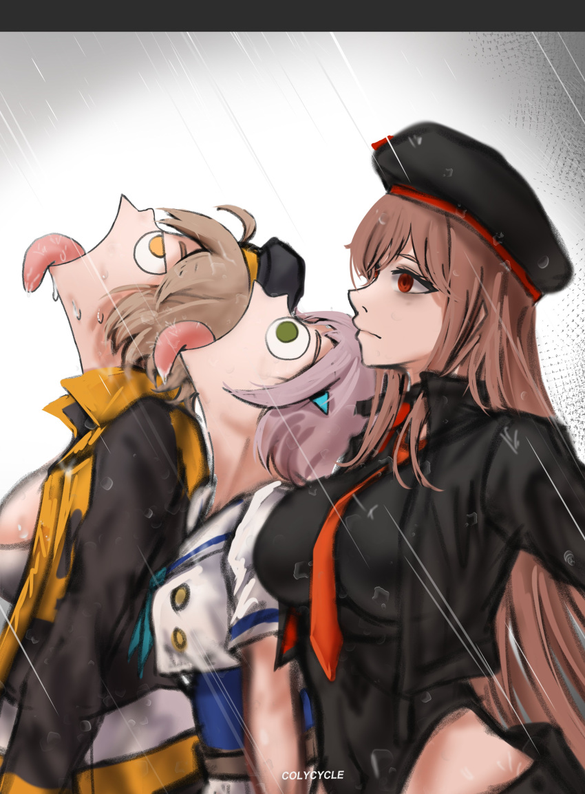 3girls, absurdres, anis_(nikke), artist_name, black_hat, black_leotard, blonde_hair, breasts