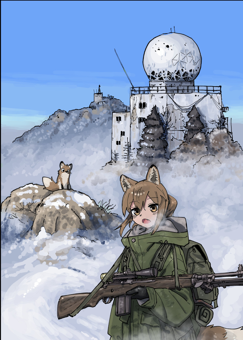 1girl, absurdres, animal_ears, battle_rifle, blue_sky, breath, brown_eyes, brown_hair