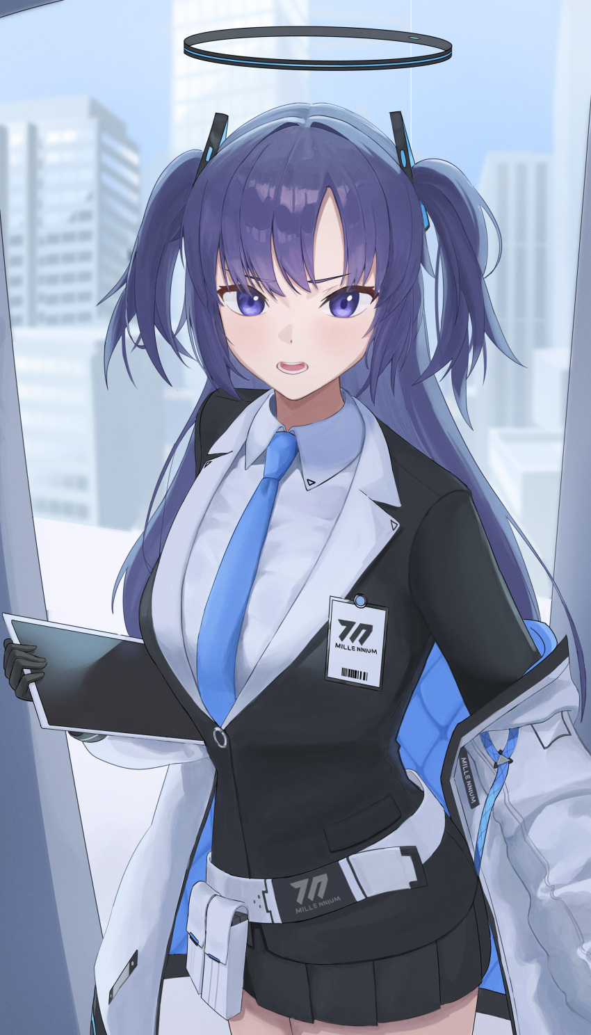 1girl, absurdres, black_gloves, black_skirt, black_vest, blue_archive, blue_eyes, blue_hair, blue_necktie, breasts, building, collared_shirt, commentary_request, gangjeong, gloves, halo, highres, holding, holding_tablet_pc, indoors, jacket, jacket_partially_removed, large_breasts, long_hair, looking_at_viewer, mechanical_halo, necktie, open_mouth, pleated_skirt, shirt, skirt, solo, tablet_pc, two_side_up, vest, white_jacket, white_shirt, yuuka_(blue_archive)