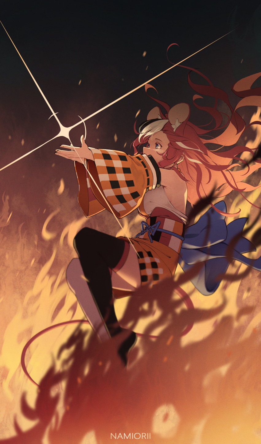 1girl, absurdres, animal_ear_fluff, animal_ears, artist_name, asymmetrical_legwear, black_hair, black_thighhighs, blue_eyes, breasts, commentary, detached_sleeves, english_commentary, extra_ears, fire, floating_hair, full_body, hakos_baelz, hakos_baelz_(new_year), highres, hololive, hololive_english, japanese_clothes, kimono, long_hair, long_sleeves, looking_at_object, medium_breasts, mismatched_legwear, mouse_ears, mouse_tail, multicolored_hair, namiorii, no_shoes, obi, official_alternate_costume, official_alternate_hairstyle, outstretched_arms, print_kimono, reaching, redhead, sash, sleeveless, sleeveless_kimono, solo, streaked_hair, tail, thigh-highs, virtual_youtuber, white_hair, white_kimono, white_thighhighs, wide_sleeves, yellow_kimono