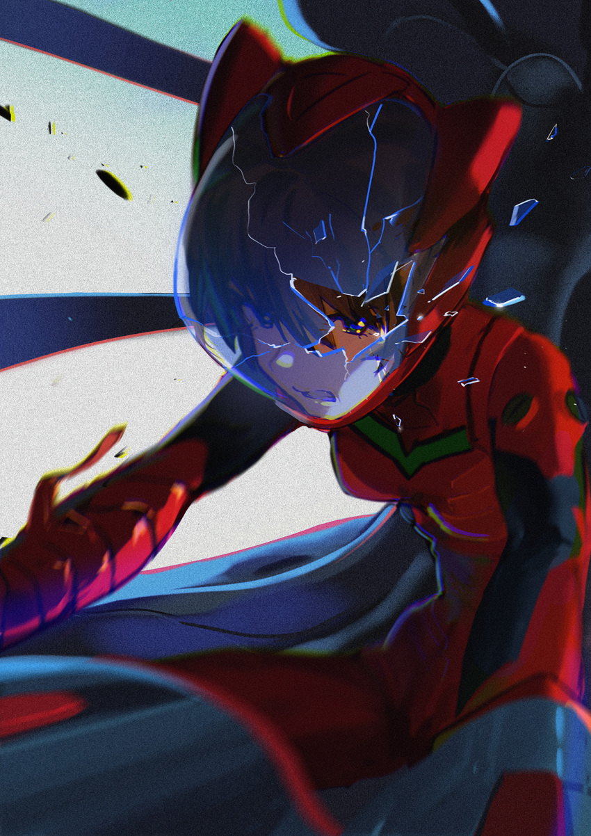 1girl, blue_eyes, bodysuit, breaking, breasts, broken, clenched_teeth, cockpit