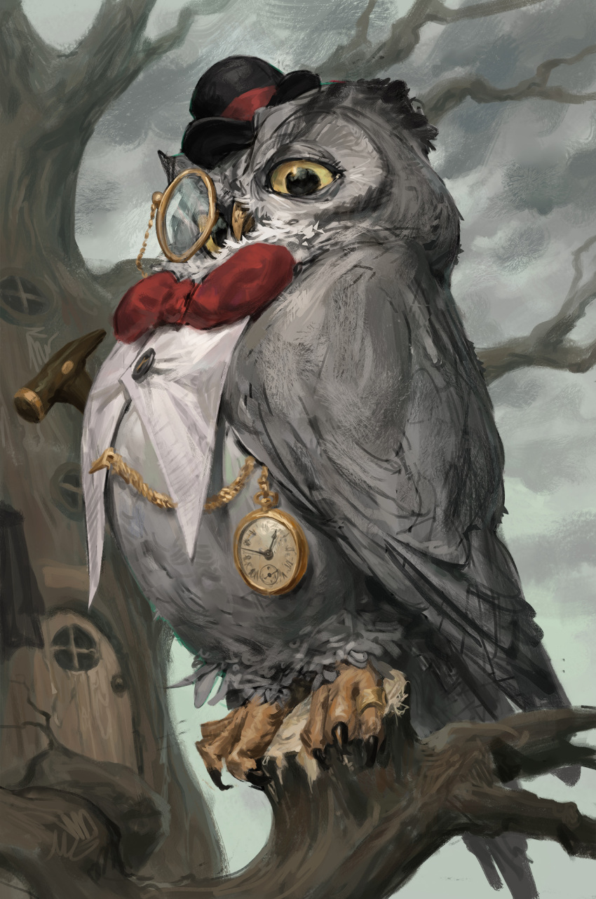 animal, bird, bow, bowtie, branch, cane, door, hat