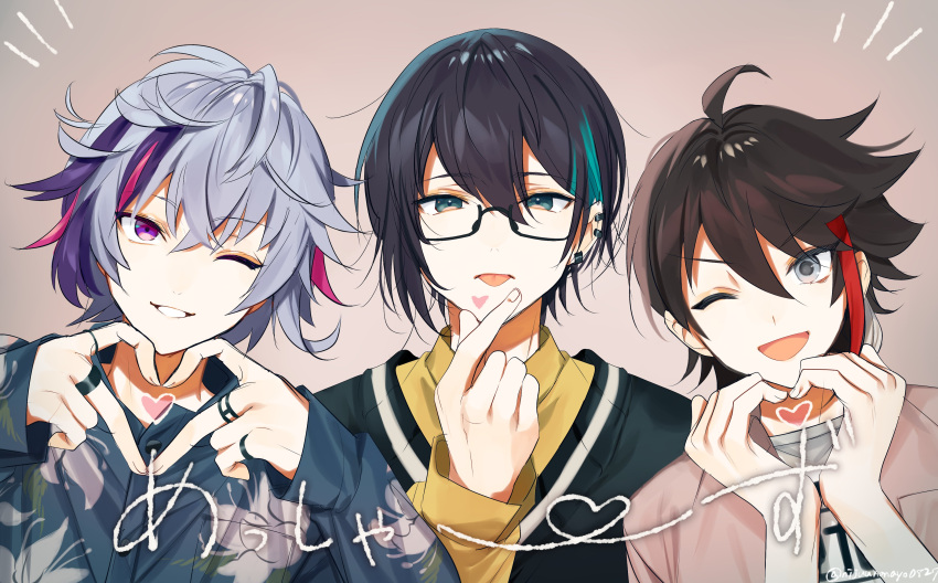 3boys, ;d, absurdres, ahoge, black_hair, black_sweater, blue_eyes, blue_hair