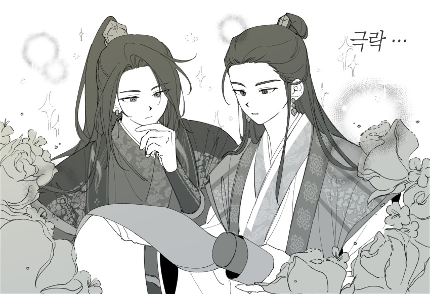 ..., 2boys, bibi_(p_pp8888), chinese_clothes, closed_mouth, earrings, flower, hair_bun