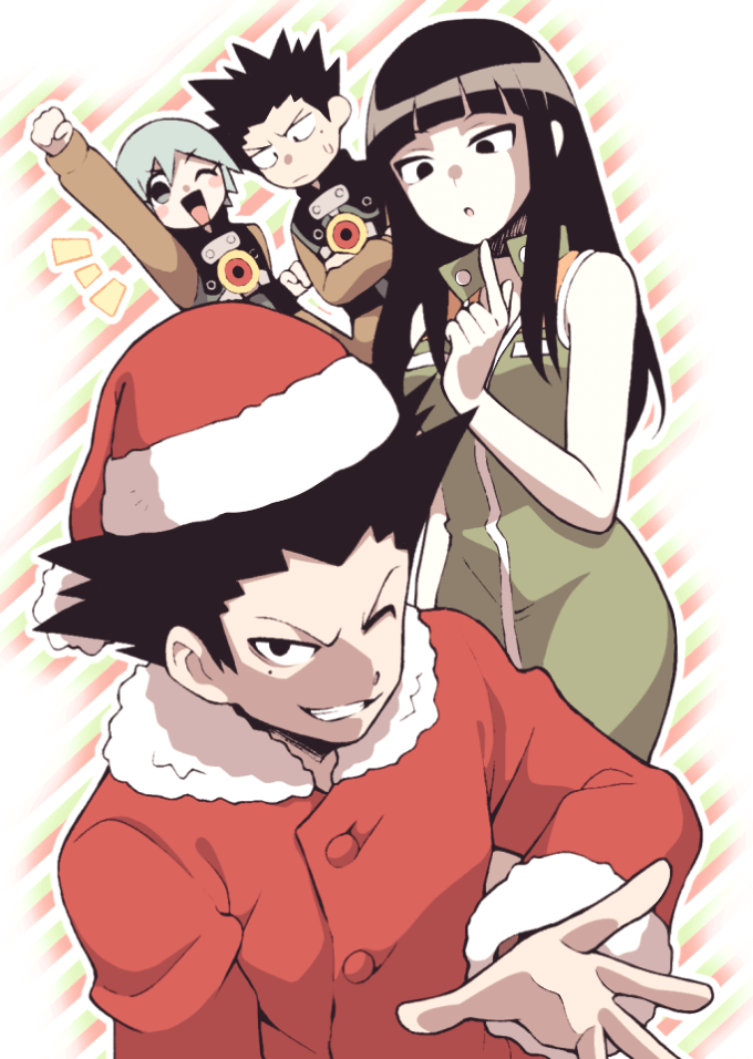 2boys, 2girls, aqua_hair, black_eyes, black_hair, closed_mouth, grin, hat, ken_(linda_cube), linda_(linda_cube), linda_cube, long_hair, looking_at_viewer, minashirazu, mole, mole_under_eye, multiple_boys, multiple_girls, neku_(linda_cube), one_eye_closed, open_mouth, sachiko_(linda_cube), santa_costume, santa_hat, short_hair, sleeveless, smile, spiky_hair