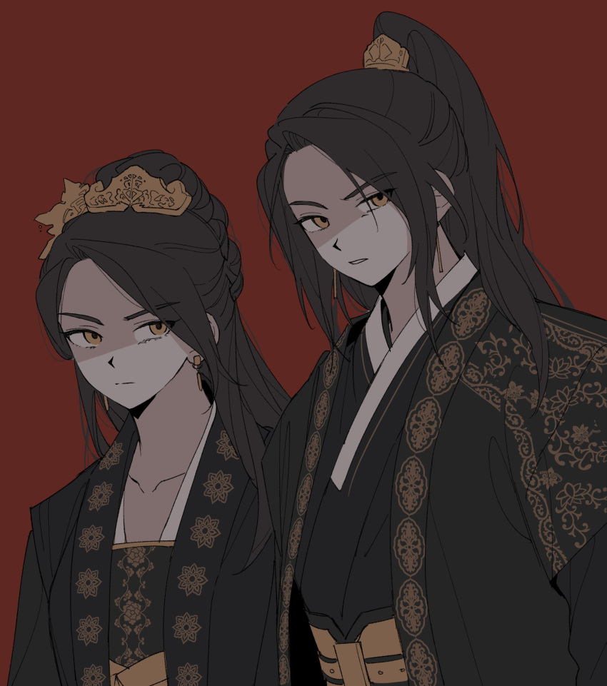 1boy, 1girl, bibi_(p_pp8888), black_hair, braid, braided_bun, brother_and_sister, chinese_clothes
