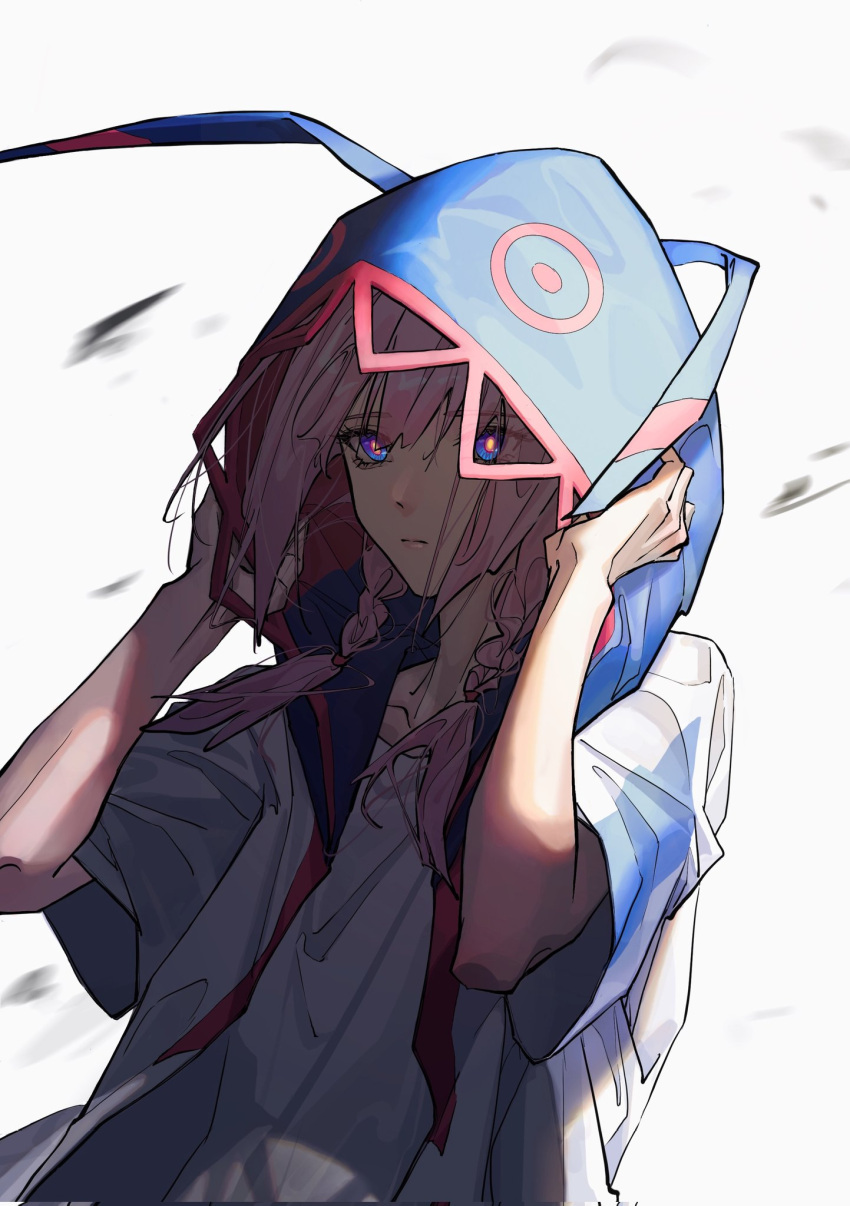 1girl, blue_eyes, blue_hood, braid, collarbone, glowing, glowing_eyes, highres, holding_hood, kaf_(kamitsubaki_studio), kamitsubaki_studio, pink_hair, red_pupils, sengachitaru, shirt, solo, twin_braids, virtual_youtuber, white_shirt, wind