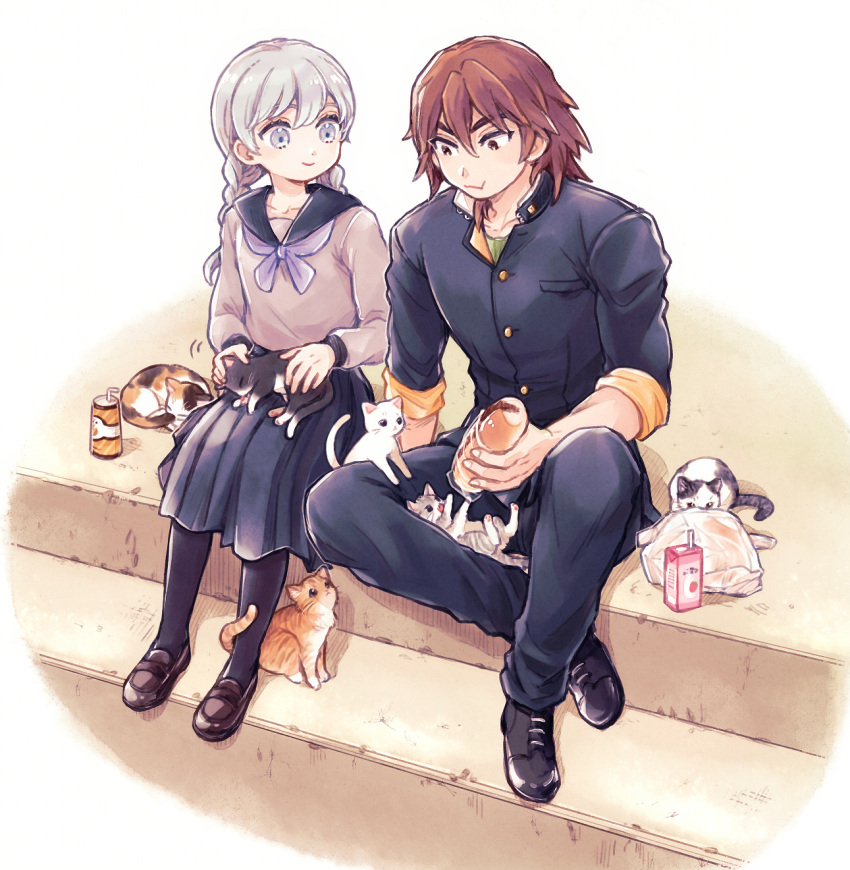 2boys, animal, animal_on_lap, animal_on_leg, bag, braid, brown_eyes, brown_hair