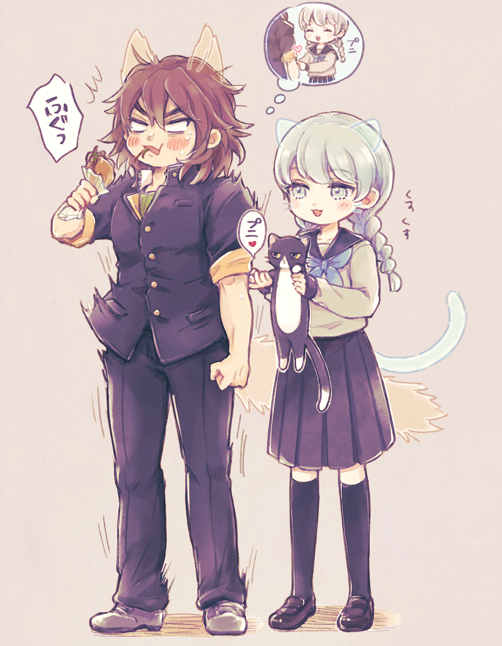 2boys, animal, animal_ears, black_cat, blush, braid, brown_hair, cat