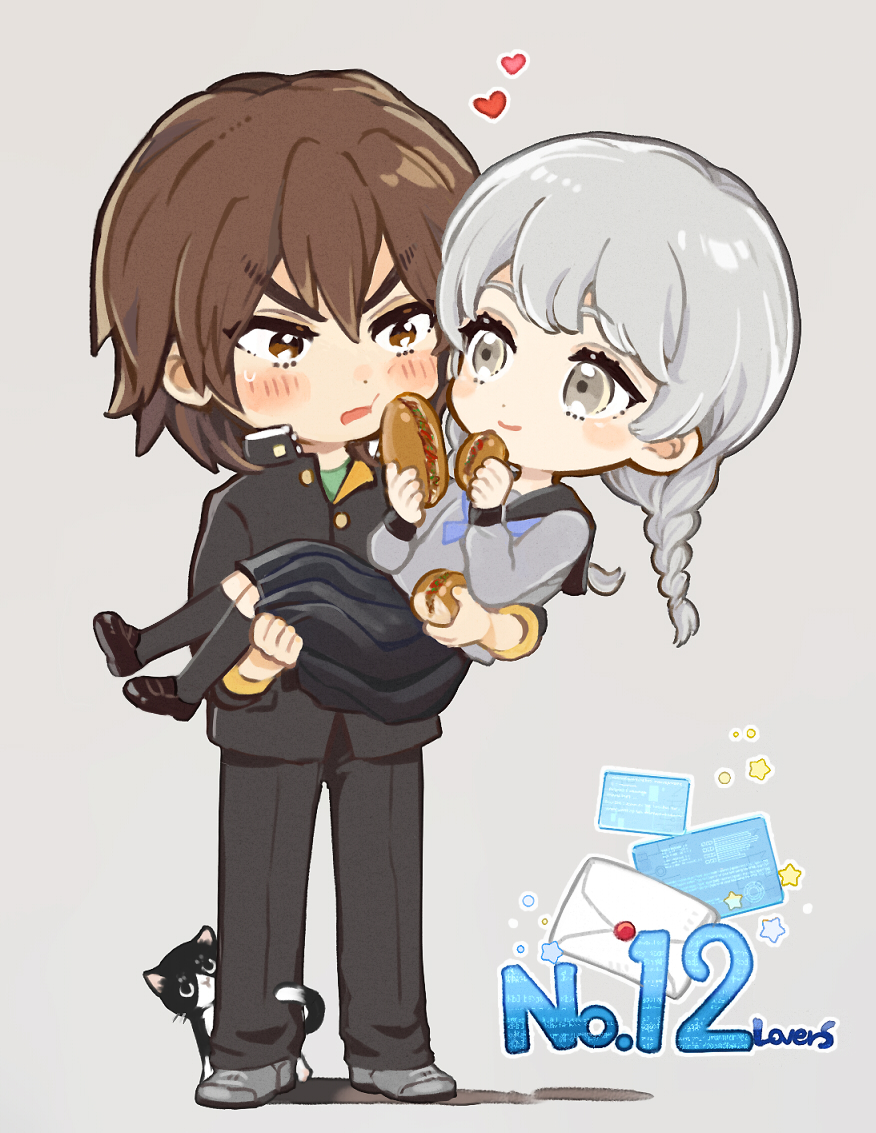 2boys, black_cat, blush, braid, brown_eyes, brown_hair, carrying, carrying_person