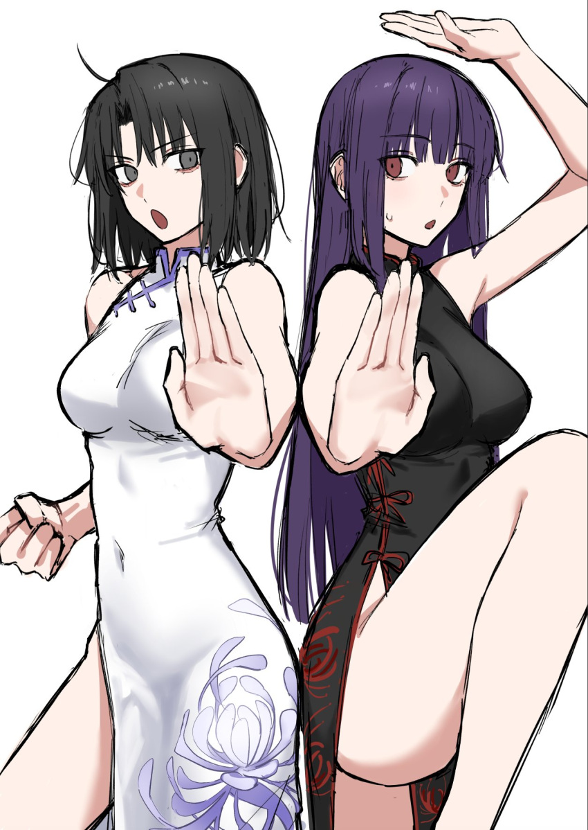 2girls, asagami_fujino, black_dress, black_eyes, black_hair, breasts, china_dress, chinese_clothes
