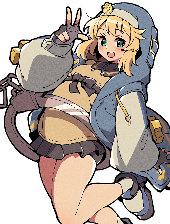 1girl, androgyne_symbol, bike_shorts_under_skirt, black_skirt, blonde_hair, blue_footwear, blue_hoodie, bridget_(guilty_gear)