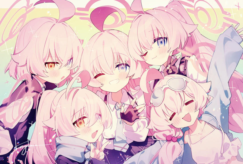 5girls, \||/, ahoge, aqua_necktie, bikini, black_gloves, blazer, blue-tinted_eyewear