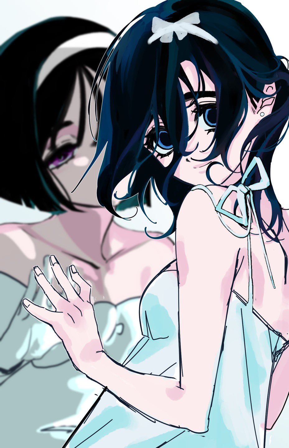 2girls, abcd888888889, alien_stage, bare_shoulders, black_hair, blue_eyes, bob_cut, bow, bow_hairband, closed_mouth, commentary, derivative_work, dilated_pupils, dress, dual_persona, gloves, hair_between_eyes, hair_bow, hairband, highres, long_hair_between_eyes, looking_at_viewer, looking_back, medium_hair, multiple_girls, off-shoulder_dress, off_shoulder, official_alternate_costume, ribbon, short_hair, sleeveless, sleeveless_dress, sua_(alien_stage), violet_eyes, white_dress, white_gloves, white_hairband, white_ribbon