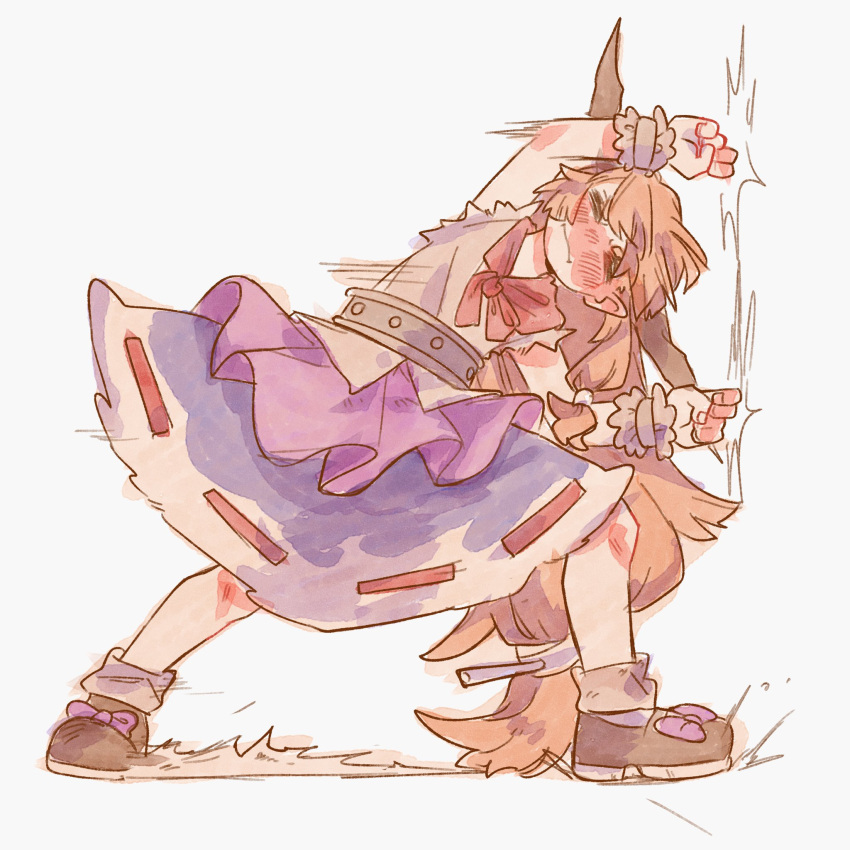 blush, bow, brown_horns, clenched_hands, cuffs, english_commentary, ezier, head_tilt